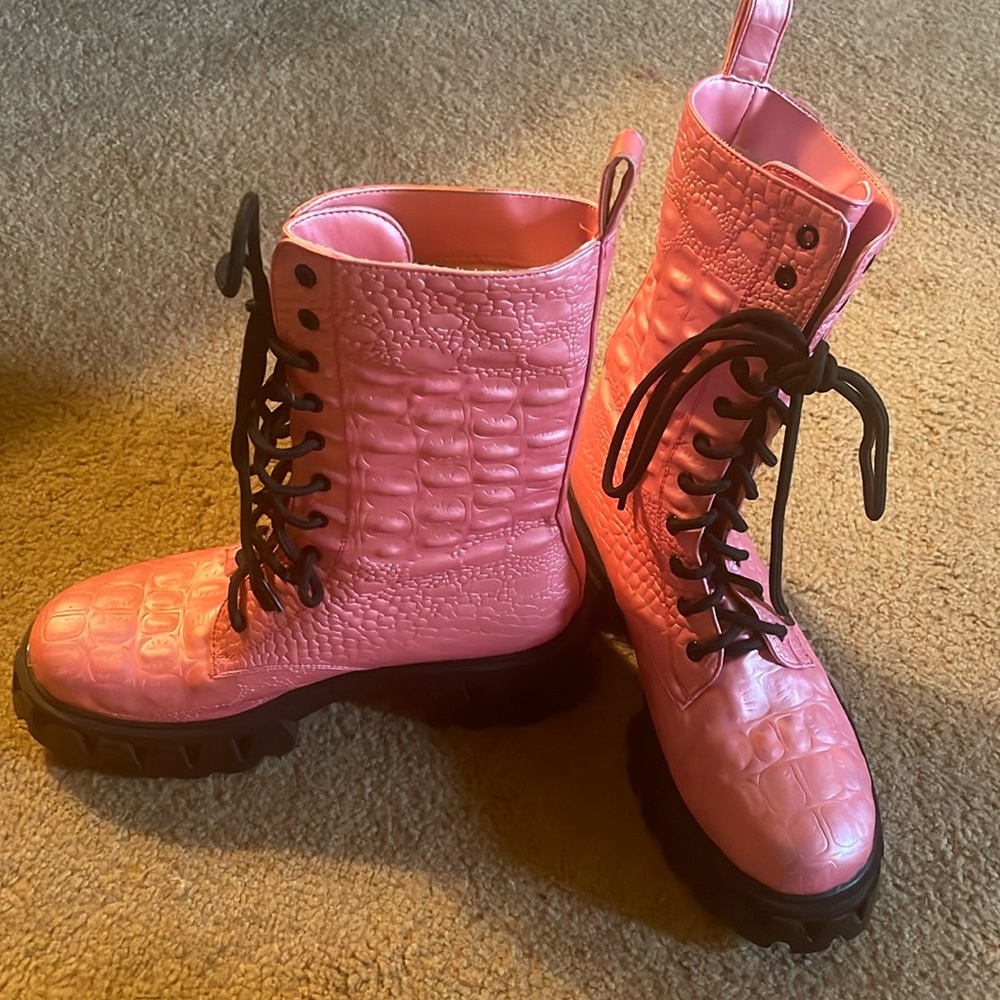 Light pink animal print combat boots